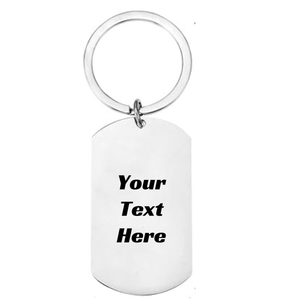 Reverse of personalised rally car stainless steel dog tag keyring showing laser engraved personal message area on white background