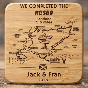 Personalised NC500 laser engraved bamboo coaster showing detailed North Coast 500 route map design with custom name and year