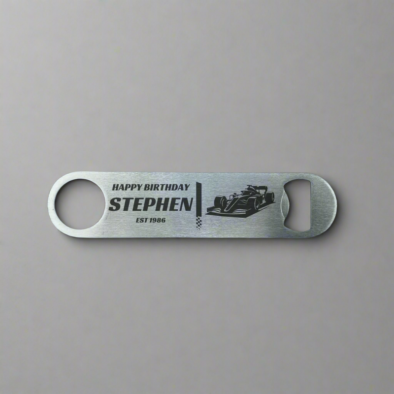 formula one bottle opener, personalised bar blade for birthday, personalise by adding a name and year of birth with a picture of a racing car, laser engraved