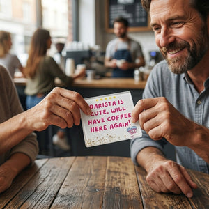 A square clear glass coaster with a white printed background featuring the phrase 'BARISTA IS CUTE, WILL HAVE COFFEE HERE AGAIN!' in pink lettering, five yellow stars at the top, coffee beans at the bottom, and two small pink-and-white takeaway coffee cups with hearts. Coaster is being gifted to a man