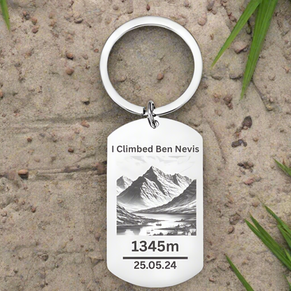 Personalised Ben Nevis Keyring – Custom Name & Climb Date – Summit Achievement Gift – UK Mountain Hiker Keepsake – Climbing Memento