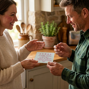 A square glass coaster with a white surface featuring red text that reads 'CHEF WAS CUTE, WOULD EAT HERE AGAIN' with five red stars at the top and a red heart below. Coaster is being gifted to a man by a woman 