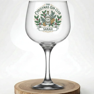 Personalised Christmas Gin Club gin glass with holly design