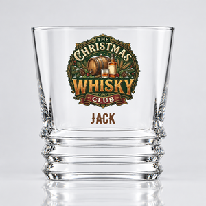 Personalised whisky glass custom printed with a Christmas Whisky Club badge design, barrel and bottle, and the name Jack