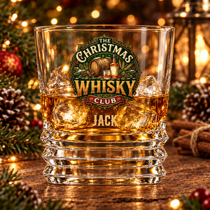 Custom printed whisky glass featuring a festive whisky design with personalised name banner