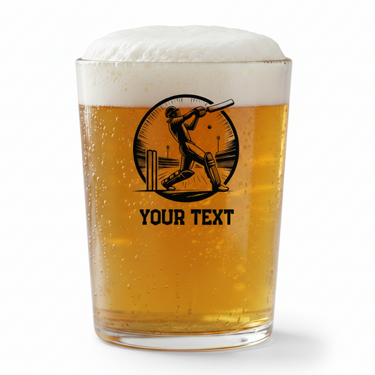 Personalised cricket beer glass gift with custom printed batsman design and custom text