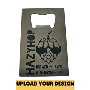 Custom laser engraved stainless steel bar blade bottle opener with upload your own design graphic showing full front face personalisation on white background