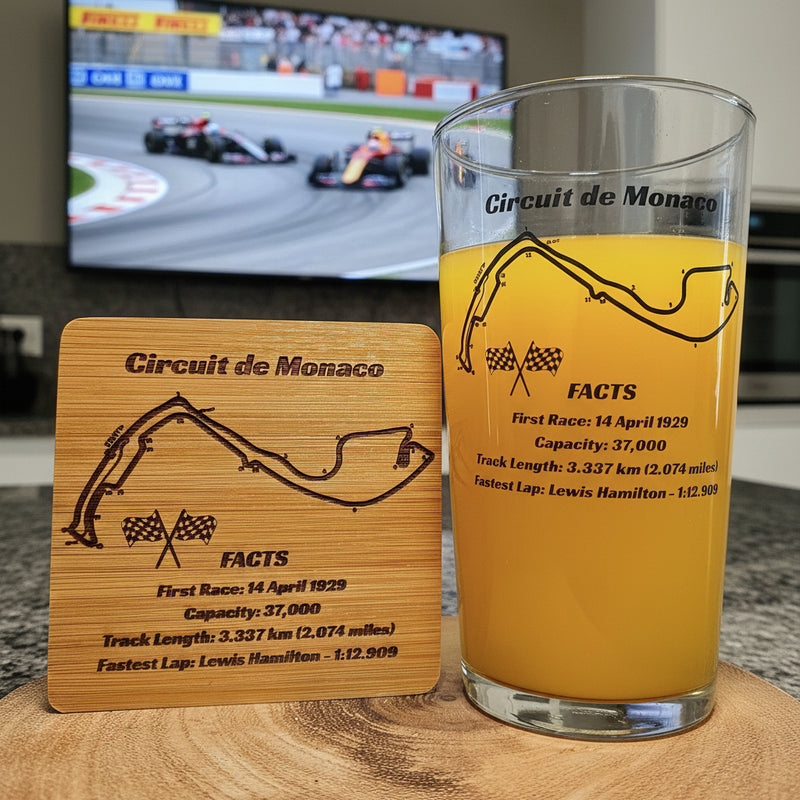 Custom motorsport pint glass showing track map and fastest lap details