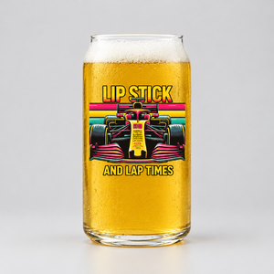 Custom printed can-shaped glass featuring a racing design with fully customisable text
