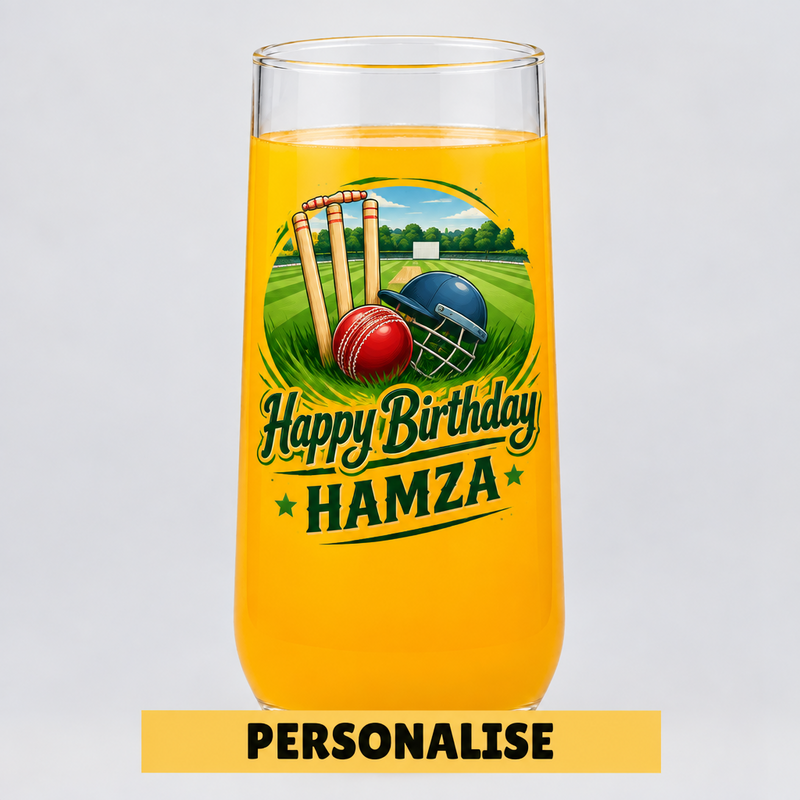 Custom printed cricket glass featuring cricket stumps, a helmet and ball with personalised birthday message