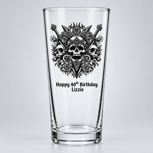 Custom printed gothic pint glass featuring an ornate baroque skull design with personalised name