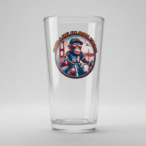 Custom printed novelty pint glass featuring a monkey motorcyclist design with Chillin’ in San Fran wording