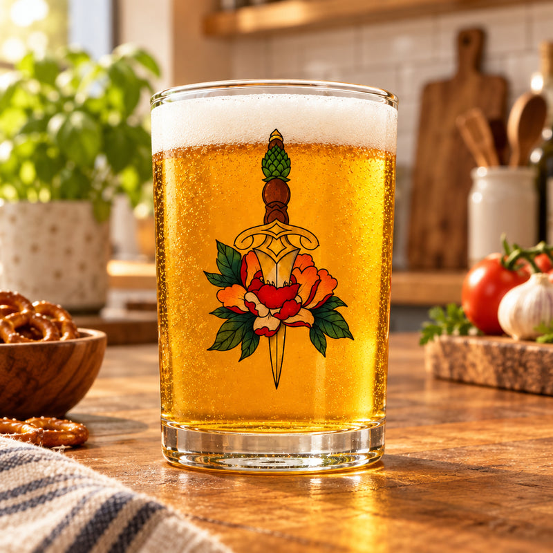 Dagger and Rose Traditional Tattoo Inspired Beer Glassware - Gift Idea for Beer Drinkers First Glass Designs