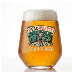 Personalised stemless beer glass with Dead Pretty Halloween design and custom name