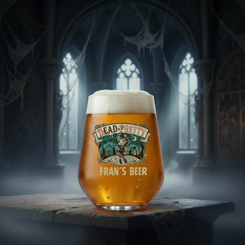A frosted beer glass with a printed 'Dead Pretty Fran's Beer' graphic, filled with golden beer and topped with white foam, set on a stone slab in a spooky gothic cathedral interior.