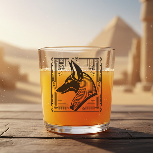 Anubis personalised Egyptian mythology tumbler — jackal head profile with hieroglyphic border design, front view