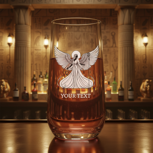 Personalised Egyptian goddess glass with winged mythology design and custom text