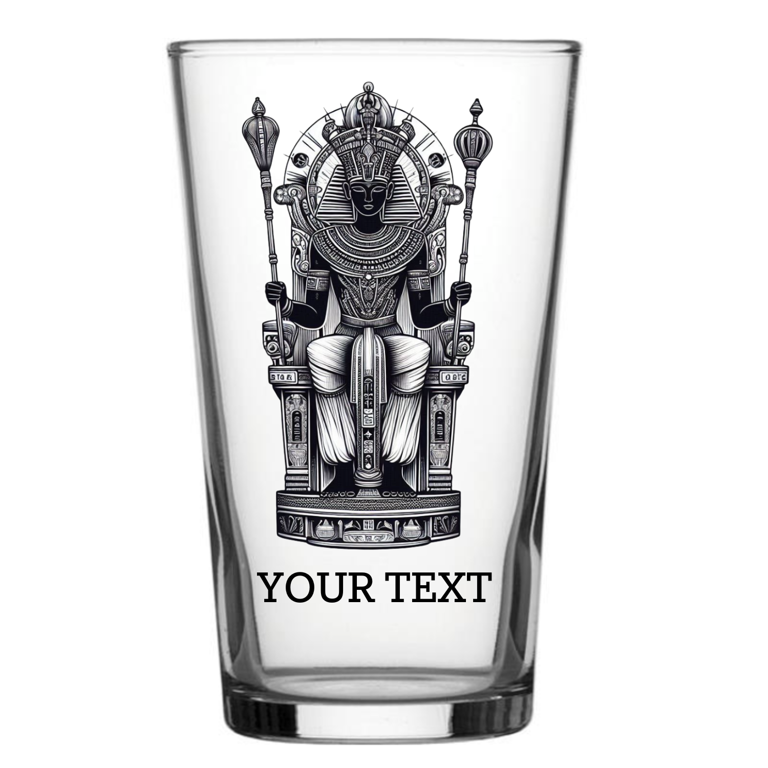 Personalised Egyptian Pharaoh pint glass featuring a detailed pharaoh seated on an ornate throne with nemes headdress, ceremonial staffs, and hieroglyphic bands, with custom text engraving at the base