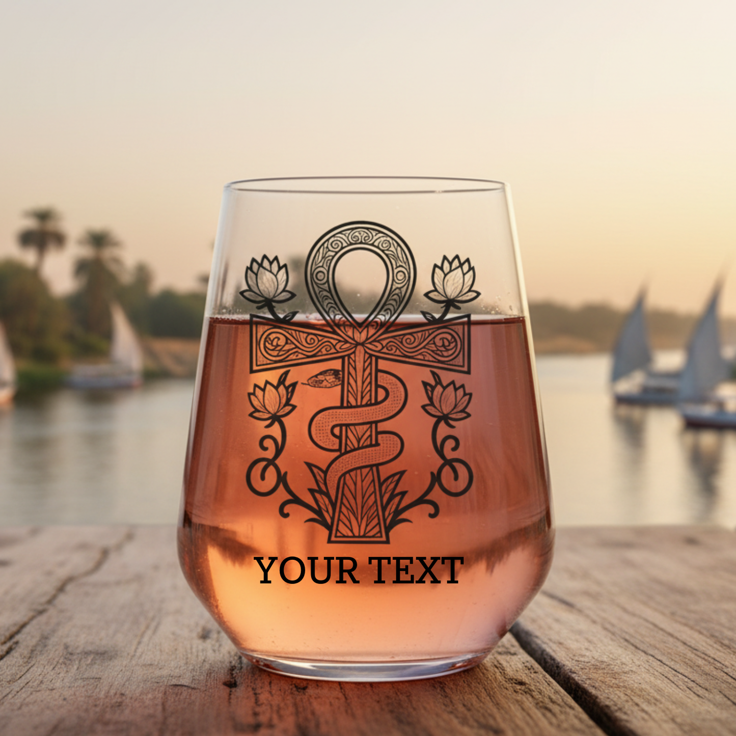 Personalised wine glass featuring a detailed Ankh symbol with a coiled serpent around the shaft and four lotus flowers, ornate scrollwork border, with space for custom text at the base