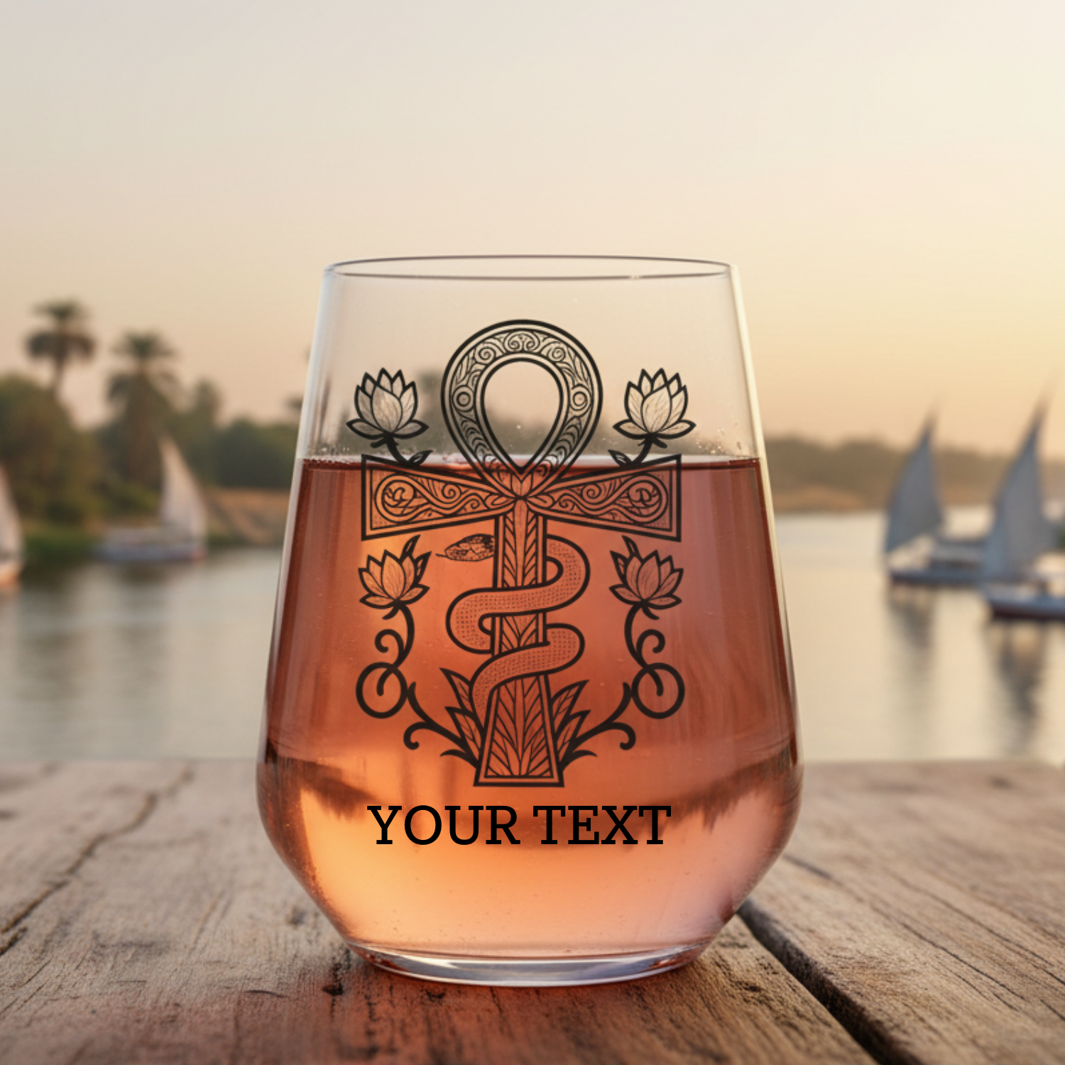 Personalised wine glass featuring a detailed Ankh symbol with a coiled serpent around the shaft and four lotus flowers, ornate scrollwork border, with space for custom text at the base