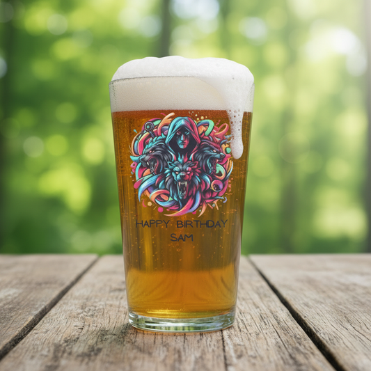 Hades and Cerberus personalised Greek mythology pint glass — graffiti art design with custom birthday message by First Glass Designs UK