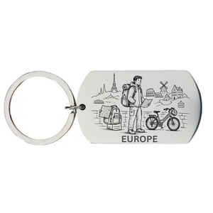 Europe backpacker keyring laser engraved stainless steel dog tag 
with male backpacker aerial European city scene Eiffel Tower bicycle and map on white background