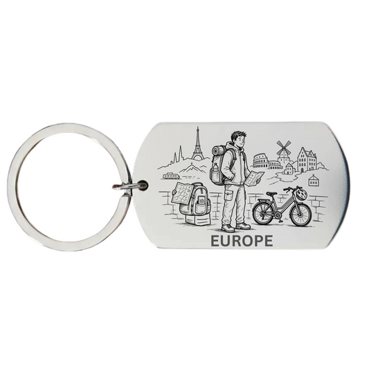 Europe backpacker keyring laser engraved stainless steel dog tag 
with male backpacker aerial European city scene Eiffel Tower bicycle and map on white background