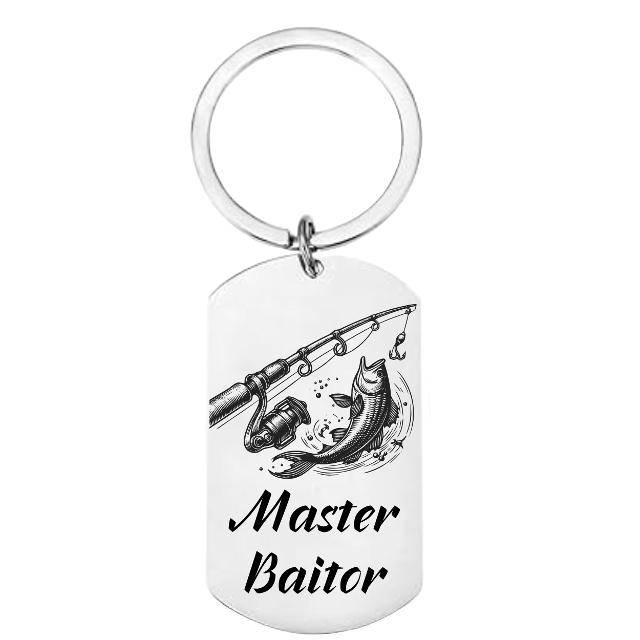 Fisherman design keyring with the text “Master Baitor” and custom engravable back