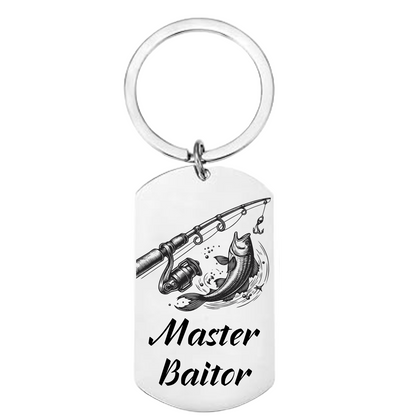 Fisherman design keyring with the text “Master Baitor” and custom engravable back
