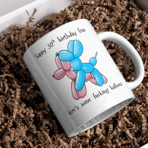 Funny personalised birthday mug with colourful blue and pink balloon dogs and custom name, unique birthday gift for best friend