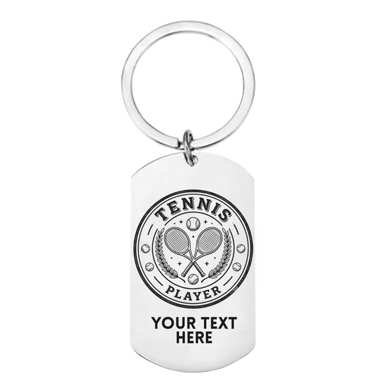 Personalised tennis player keyring with laser engraved crest design