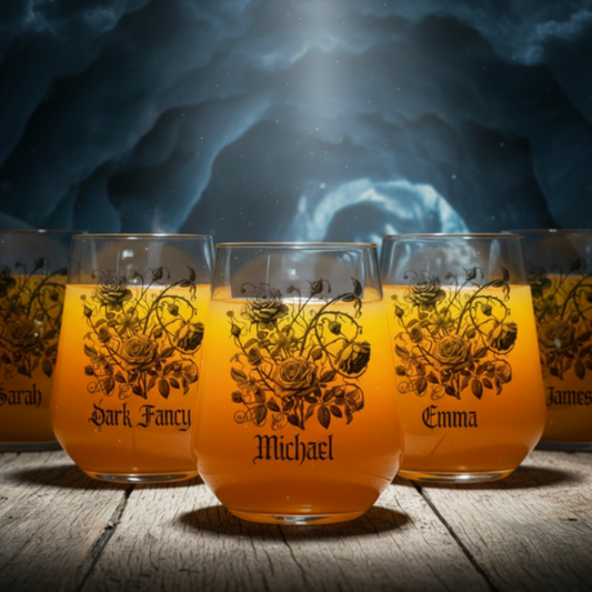 Five personalised gothic rose glasses filled with amber liquid, each printed with dark botanical illustration and individual names in gothic blackletter font, styled on a wooden surface with moonlit atmospheric background