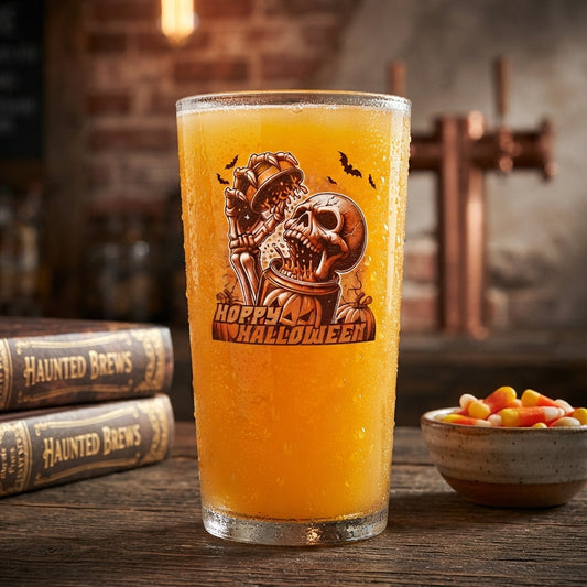 A tall clear pint glass filled with orange beer, set on a rustic wooden table with a Halloween-themed background featuring books, a bowl of candy corn, and a brick wall. The glass features a printed graphic of a skeleton in a pirate hat with the text 'HOPED FOR HALLOWEEN'.
