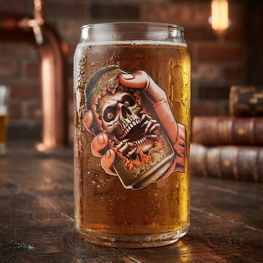 Halloween Party Can-Shaped Glass – Skull Breaking Out of Crushed Can Design First Glass Designs