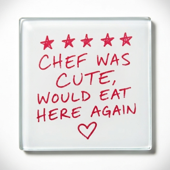 A square glass coaster with a white surface featuring red text that reads 'CHEF WAS CUTE, WOULD EAT HERE AGAIN' with five red stars at the top and a red heart below, shown on a light gray background with a soft glow.