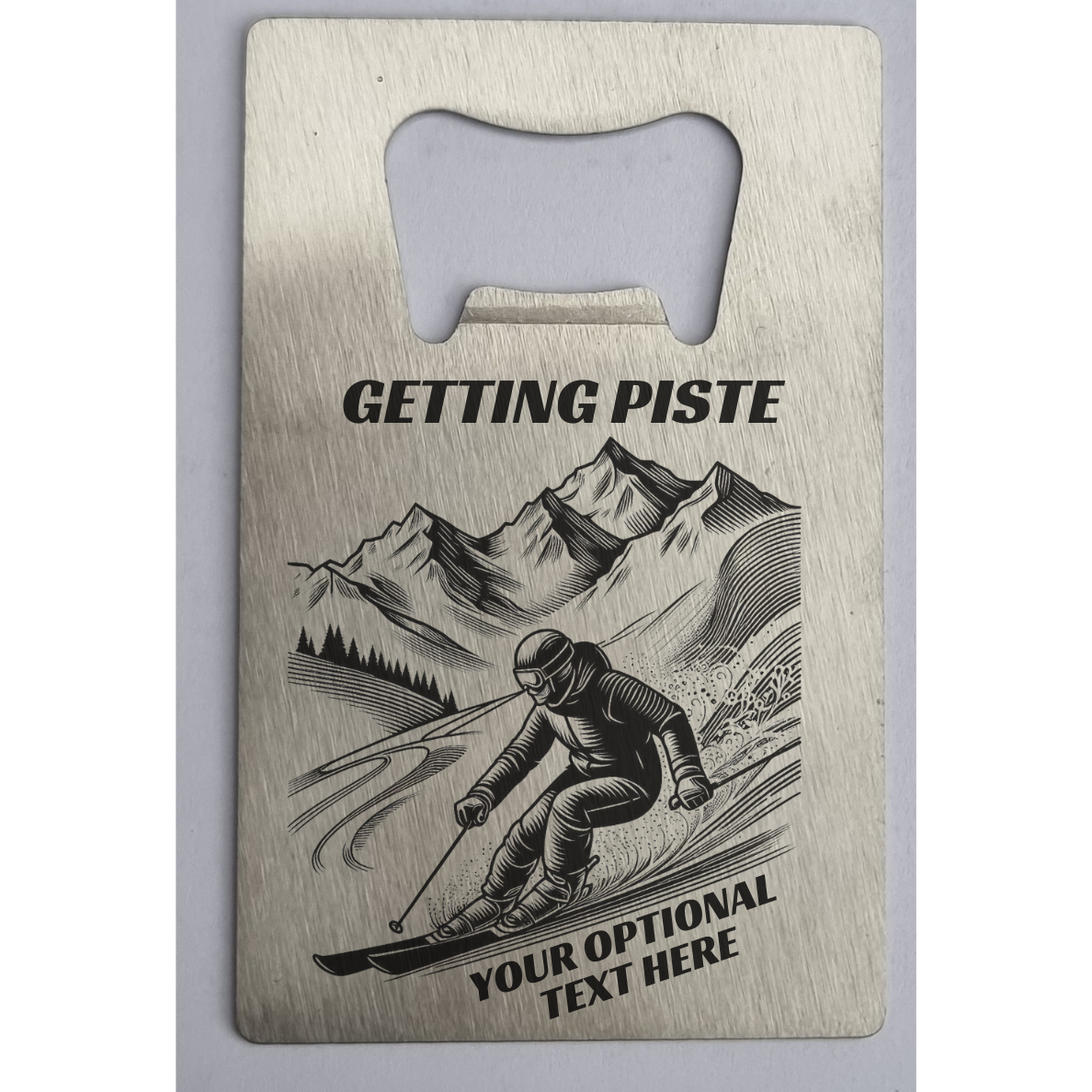 Getting piste funny skiing bottle opener laser engraved on stainless steel with mountain skier design