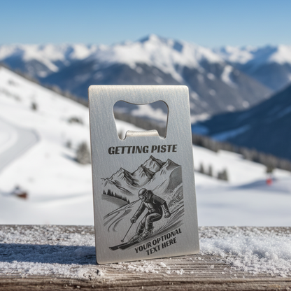 Getting piste funny skiing bottle opener laser engraved on stainless steel with mountain skier design
