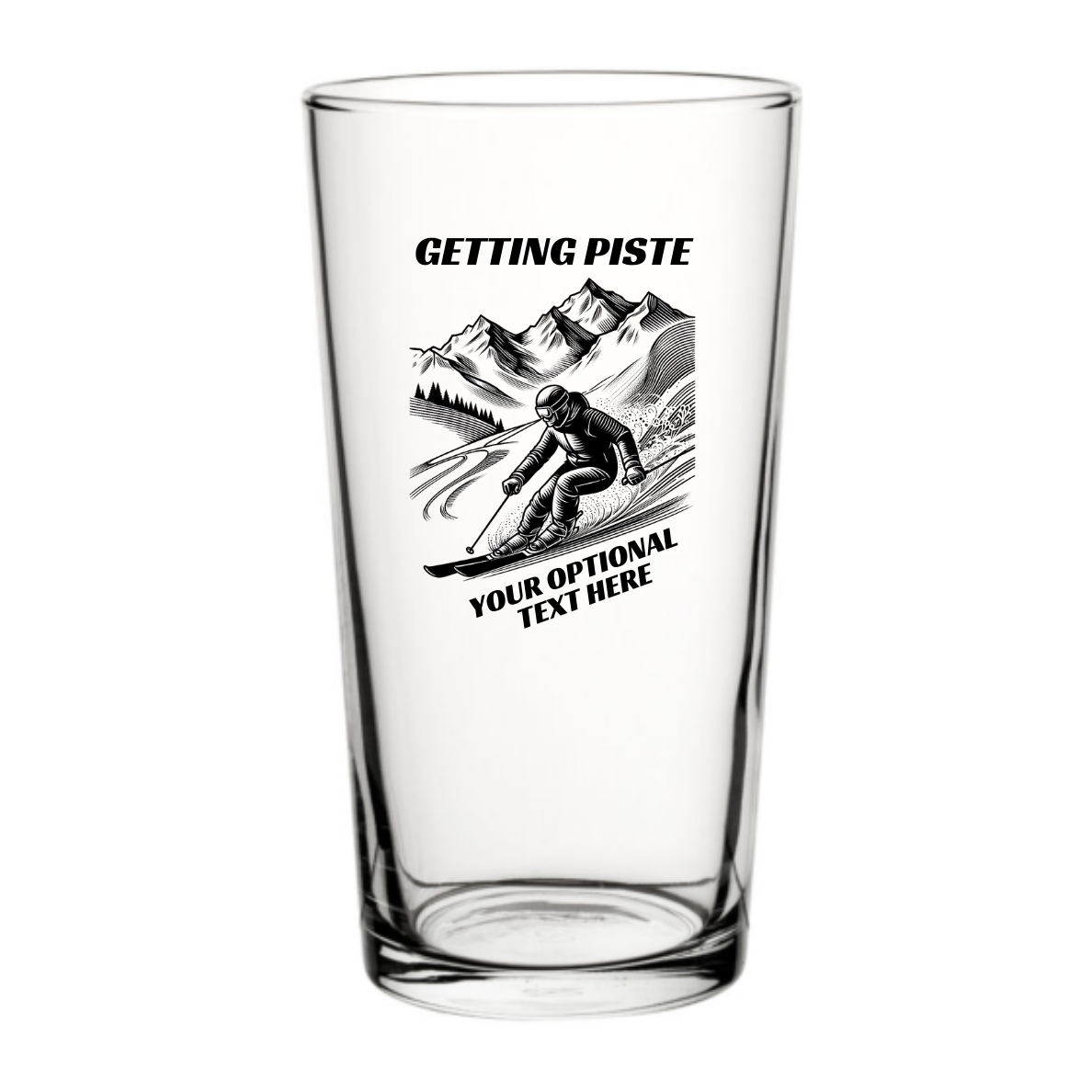 Getting piste funny skiing pint glass with mountain skier illustration and personalised text option