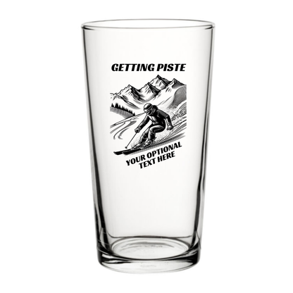 Getting piste funny skiing pint glass with mountain skier illustration and personalised text option