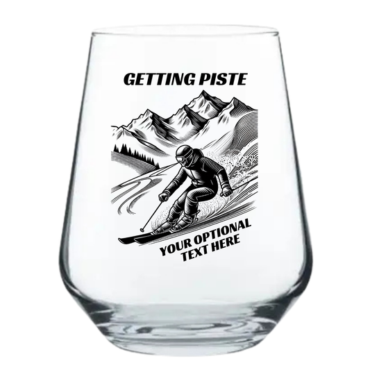 Getting piste funny skiing stemless wine glass with mountain skier design and personalisation option