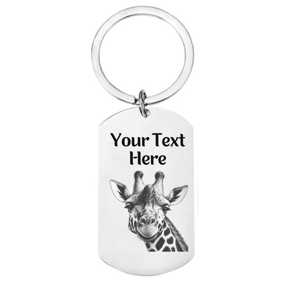 Stainless steel keyring with engraved giraffe design and personalised text