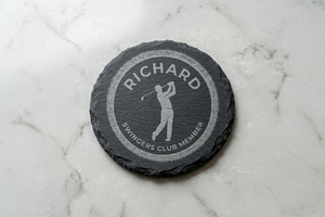 Personalised golfing slate coaster with swingers club member design