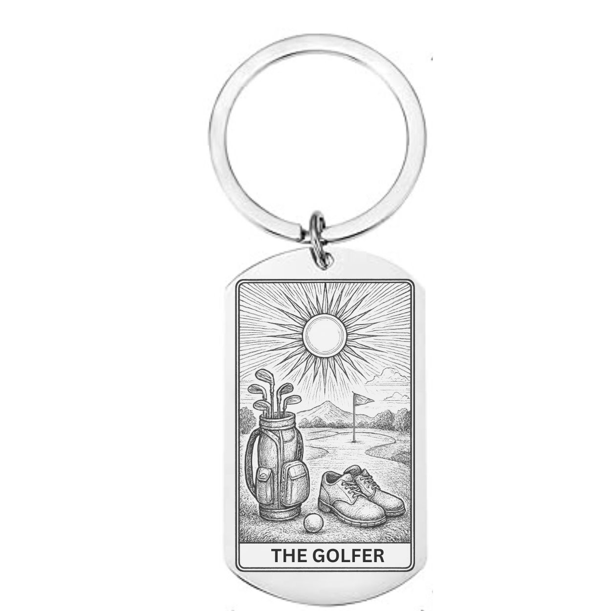 Golf-themed keyring featuring “The Golfer” tarot card-style illustration – funny vintage golf gift for golfers and collectors.