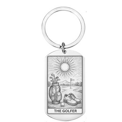 Golf-themed keyring featuring “The Golfer” tarot card-style illustration – funny vintage golf gift for golfers and collectors.