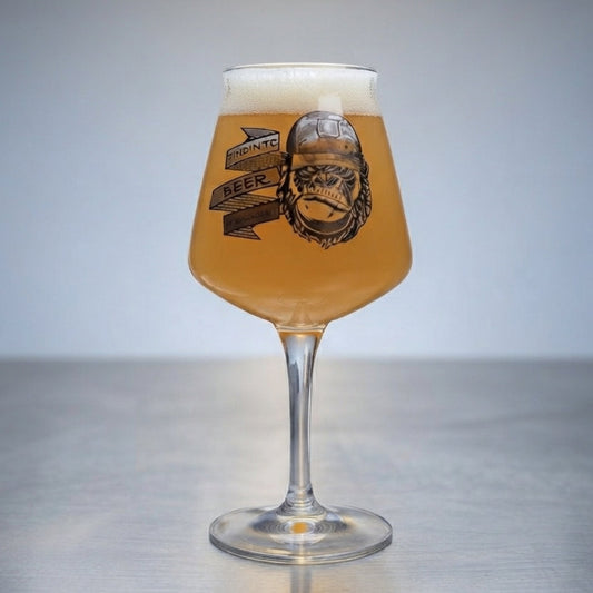 Give in to Beer Pressure custom printed gorilla craft beer glass showing full design detail on clean background