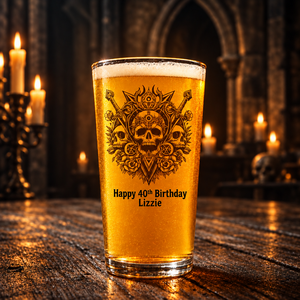 Gothic baroque skull glass custom printed with three skulls, crossed swords and roses, with customisable birthday text