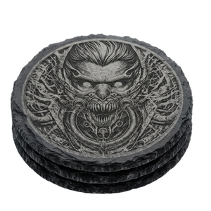 Gothic laser engraved slate coaster with detailed dark demon face design on wooden surface, unique gothic gift for him or her
