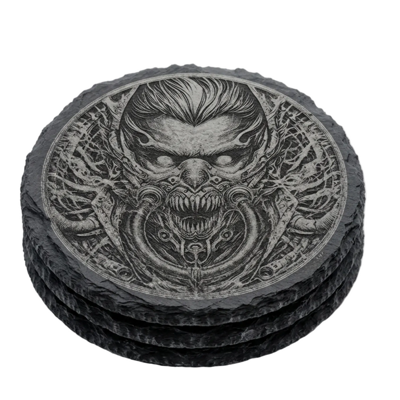 Gothic laser engraved slate coaster with detailed dark demon face design on wooden surface, unique gothic gift for him or her
