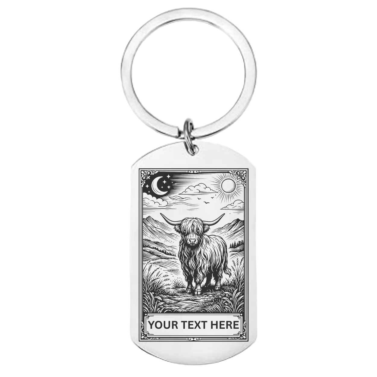 Personalised Highland cow keychain tarot mystic design with custom text – Scottish cattle under moon and sun
