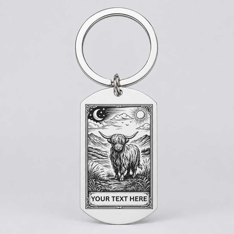 Personalised Highland Cow Keyring | Laser Engraved Tarot Style Gift First Glass Designs